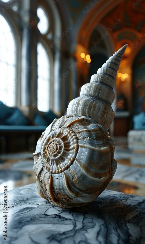 Poster a shell on a marble table in a room. generative ai.