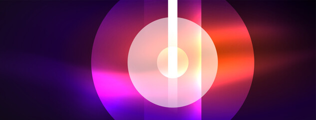 Abstract design pulsates with neon glowing light effects, casting an entrancing glow in the darkness, captivating the eye with its vibrant energy. Glass circles neon glowing light effects