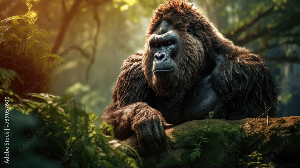 Poster a gorilla is sitting on a log in the jungle. generative ai.