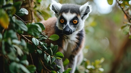 Fototapeta premium A curious lemur gazes at the camera in a lush green jungle. Generative AI.