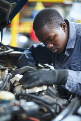 Young Mechanic working on car engine in auto repair shop