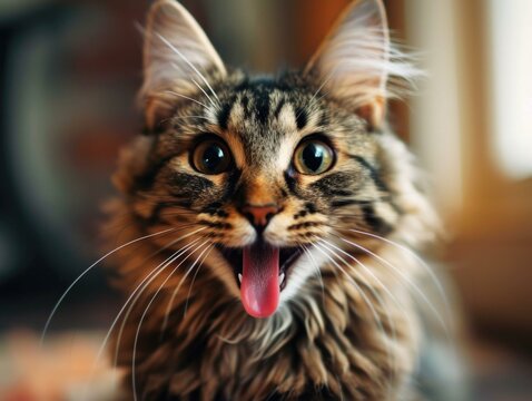 A cat with its tongue out looking at the camera. Generative AI.