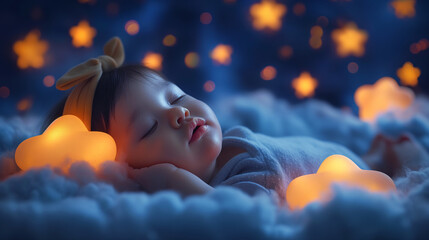 lullaby background with stars and baby girl sleeping with eyes closed in clouds created with Generative AI Technology