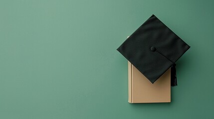 Graduation cap and book on a green background. Education or graduation concept.