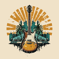 2d vector illustration art  Retro guitar with trees and city on the background, Summer t-shirt design, Custom vector illustration for posters vintage distressed style each design