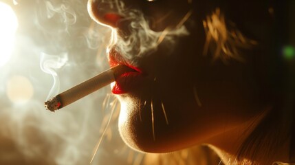 Fototapeta premium Smoking woman with red lips holding a cigarette, showcasing beauty, makeup, and glamour in a close-up fashion shot.
