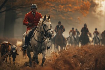 Professional Photography of a Horse and Rider Participating in a Traditional Fox Hunt, Generative AI