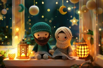 Cute Muslim knitted doll. Ramadan Kareem concept