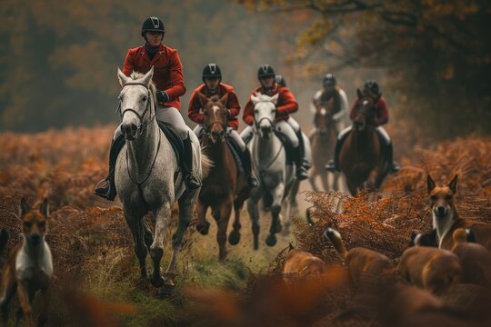 Professional Photography of a Horse and Rider Participating in a Traditional Fox Hunt, Generative AI