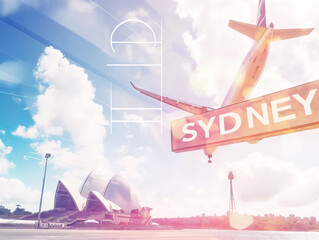 Plane landing with "SYDNEY" road sign in the foreground, visit Australia, travel illustration