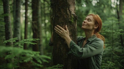 A woman hugs a tree in the forest.