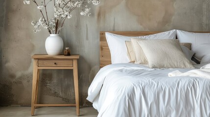 Modern Bedroom Setup. A Sleek Side Table Stands Next to a Contemporary Bed with Crisp White Bed Linens.