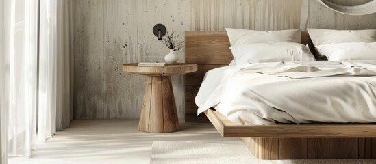 Modern Bedroom Setup. A Sleek Side Table Stands Next to a Contemporary Bed with Crisp White Bed Linens.