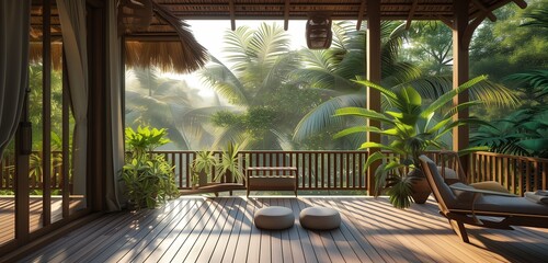 Bask in the summer delight of a wooden balcony patio deck, where sunlight bathes the space, offering a panoramic view of swaying coconut trees and a house interior mock-up design background.