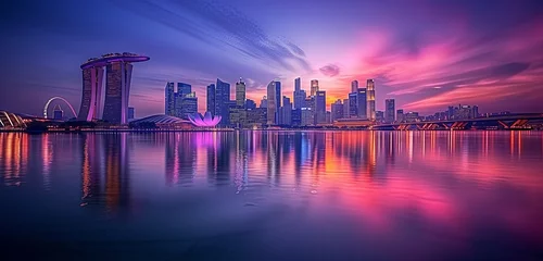 Fotobehang As night falls over Singapore, witness the cityscape transform into a captivating tapestry of lights with reflections shimmering in the waters below capturing the ethereal beauty of a twilight skyline © Muhammad