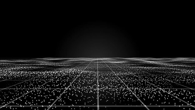 Abstract white dots wave and moving grid on black background. Futuristic particle and grid animated on a black background. Abstract background