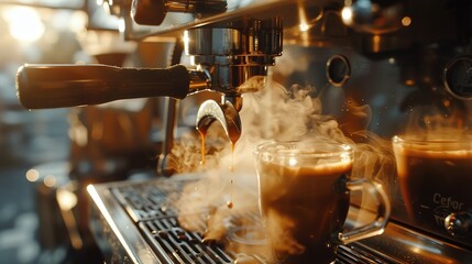 Espresso poured from a coffee maker at a coffee shop emits smoke and hot steam. - obrazy, fototapety, plakaty