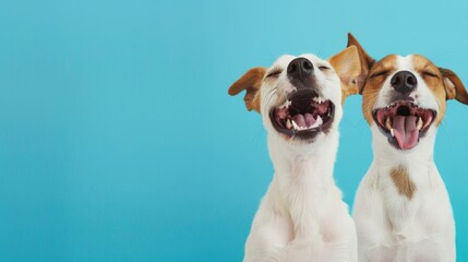 Banner two smiling dogs with happy expression. and closed eyes. Isolated on blue colored background.