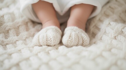 Baby feet on a knitted white blanket.