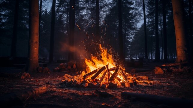 An image of a campfire at night in a forest.
