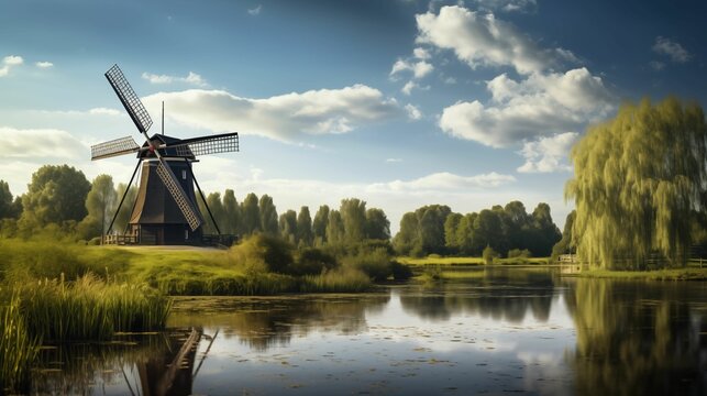 An image of a windmill standing in a quiet landscape.