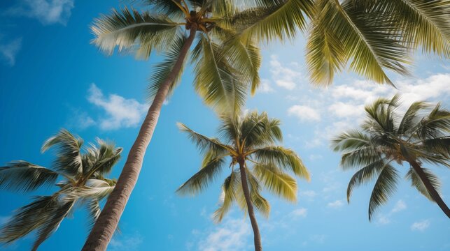 An image of the view from below the blue sky and palm trees.