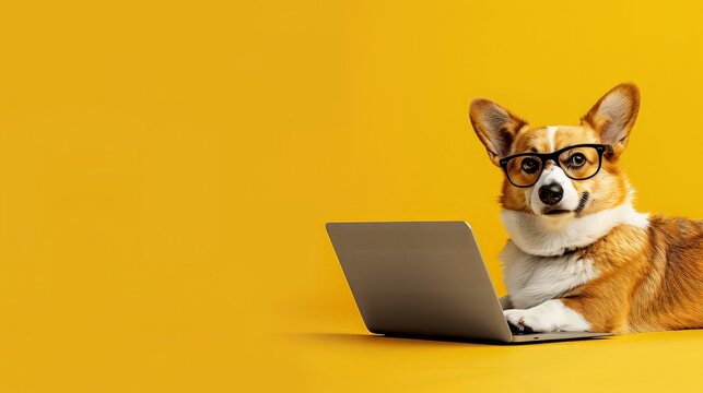 Cute corgi dog looking at laptop in glasses on yellow background