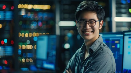 Happy and successful young computer technician