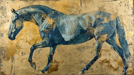 Abstract Equine Majesty, Oil on Canvas Painting Featuring a Horse, Embellished with Gold Leaf Accents, and Enhanced with Blue, Silver, and Gold Tones