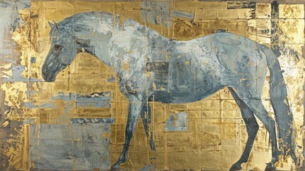 Abstract Equine Majesty, Oil on Canvas Painting Featuring a Horse, Embellished with Gold Leaf Accents, and Enhanced with Blue, Silver, and Gold Tones
