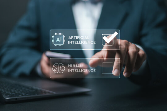 Human mind vs Artificial Intelligence digital mind. Businessman choose between artificial intelligence or human intelligence on virtual screen.