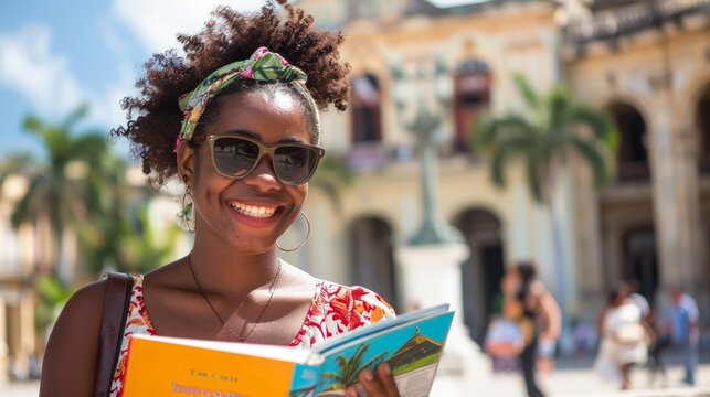 Havana, cuba - tourist with travel guide book on Plaza de Armas, Havana, Cuba. Young woman traveler smiling happy