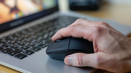 Male hand holding computer mouse with laptop keyboard in the background