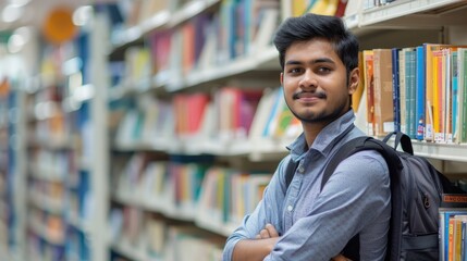 Portrait of cheerful male international Indian student with backpack, learning accessories standing near bookshelves at university library or book store during break