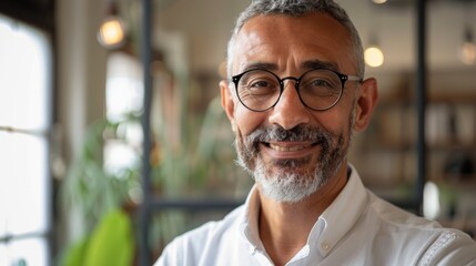 Obraz premium Portrait of happy mature businessman wearing spectacles and looking at camera. Multiethnic satisfied man feeling confident in a creative office.