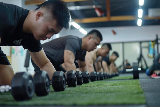 Group workout and dumbbell push up at gym for muscle power - Powered by Adobe