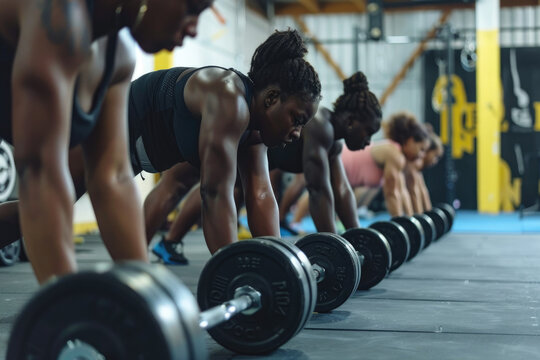 Group workout and dumbbell push up at gym for muscle power - Powered by Adobe