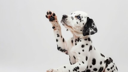 Side view of a Dalmatian puppy pawing up, isolated on white