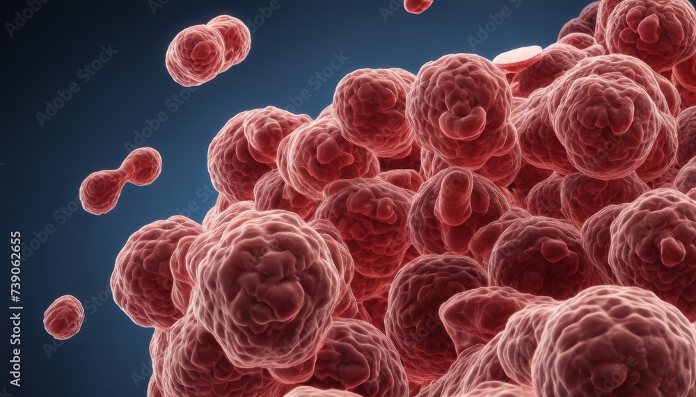 Poster 3d rendering of a cluster of red cells with a blue background