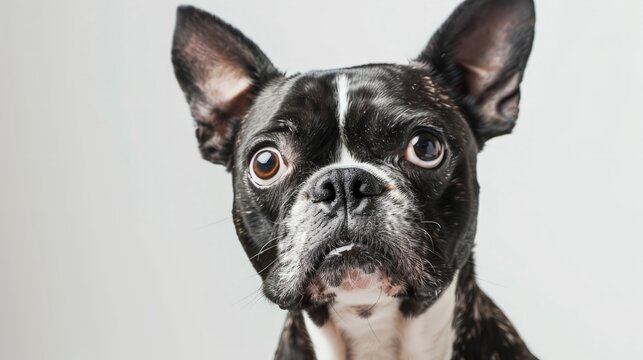 Studio Headshot Portrait Of Boston Terrier Dog With Head Tilted Looking Forward Against A White Background