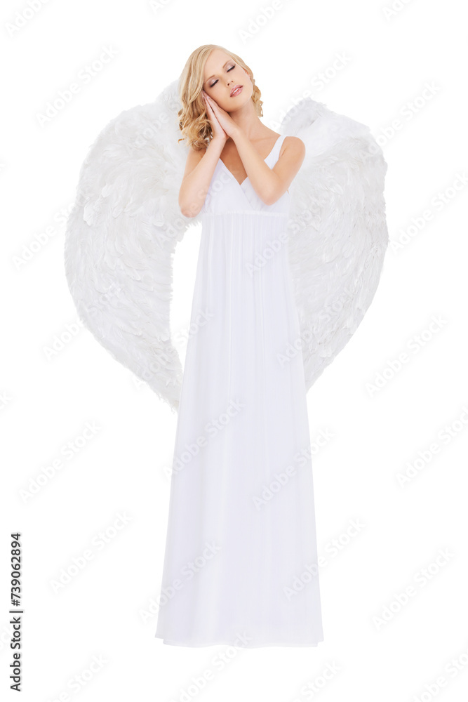 Poster Beauty, prayer and woman with angel wings in heaven isolated on transparent background for religion. Holy, faith or peace and confident young model in feather costume for spiritual belief on PNG