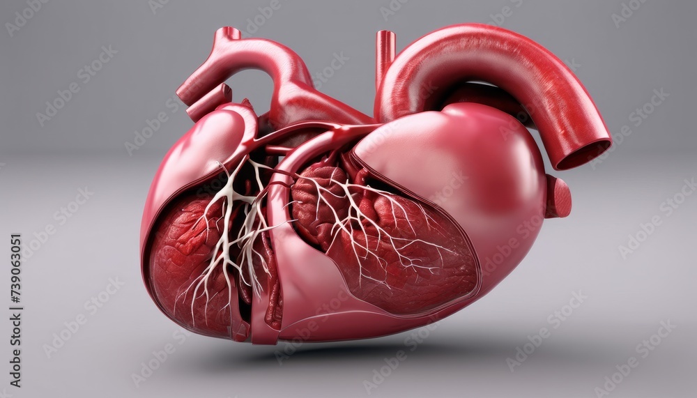 Poster anatomical 3d rendering of a heart with visible valves and arteries