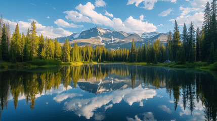 Reflection of mountain and pine trees background