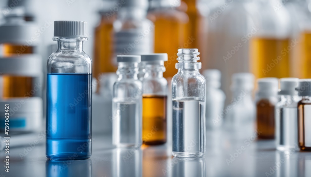 Poster various lab flasks with different liquids, ready for scientific experiments