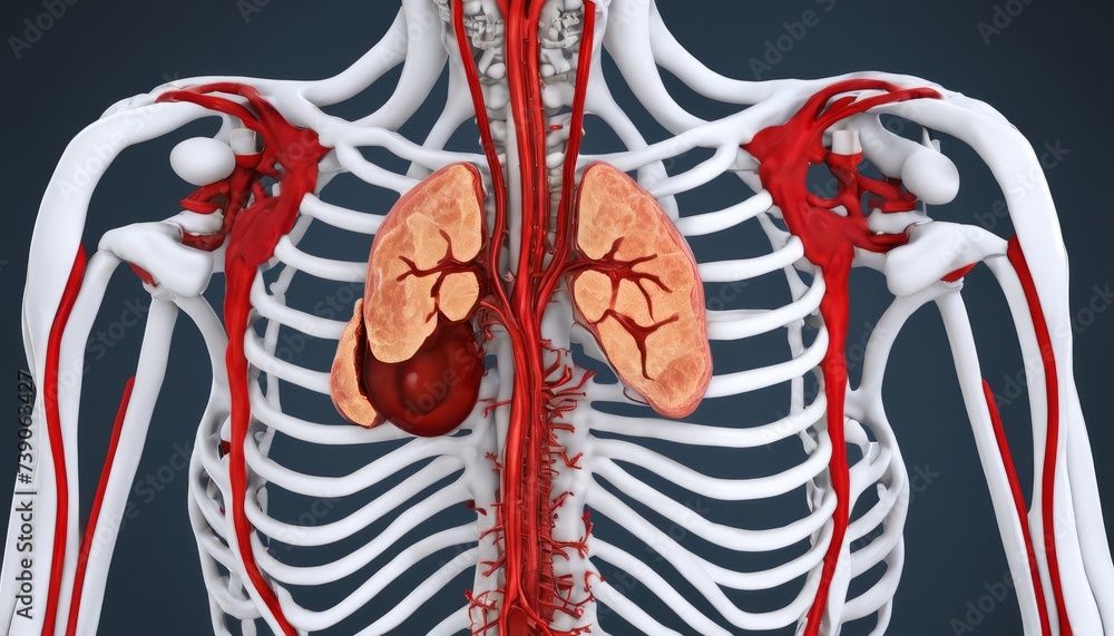 Poster 3d rendering of human torso with internal organs and circulatory system