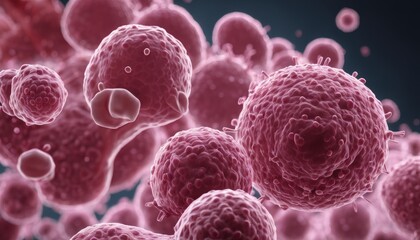  Microscopic view of a cluster of cells, possibly bacteria or viruses, in a scientific context