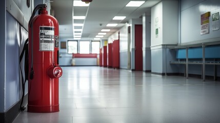 Fire extinguisher positioned at the corner of a corridor.