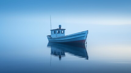 Naklejka premium Fishing boat floating on calm blue seas, enveloped in misty fog.