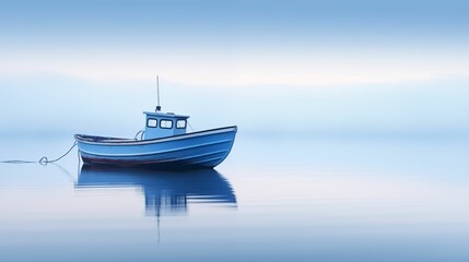 Fishing boat floating on calm blue seas, enveloped in misty fog.