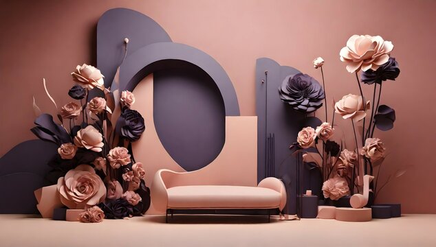 muted tones of dusty pink and dark purple surreal combination with minimalist compositions, evoking a sense of calmness, artistic installations, simple bare minimalist style 3d compositions